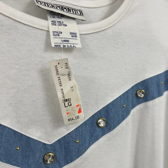 NWT Vintage Peter Popovitch White Blue Denim Rhinestone Studded Tee Large - Picture 4 of 6